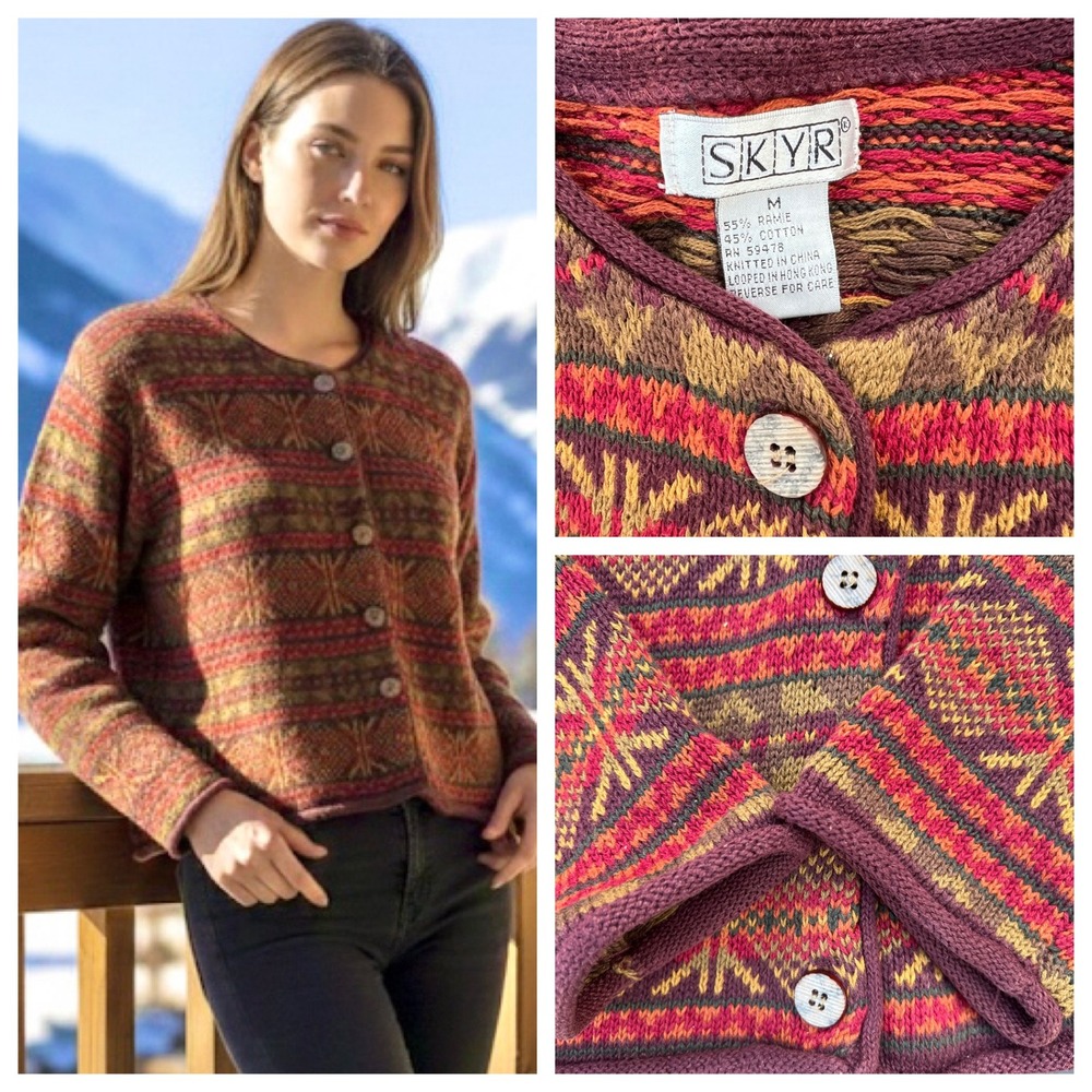 Vintage 90's SKYR Wool Sweater Cardigan Nordic Fair Isle Ski‎ Cottagecore Sz M